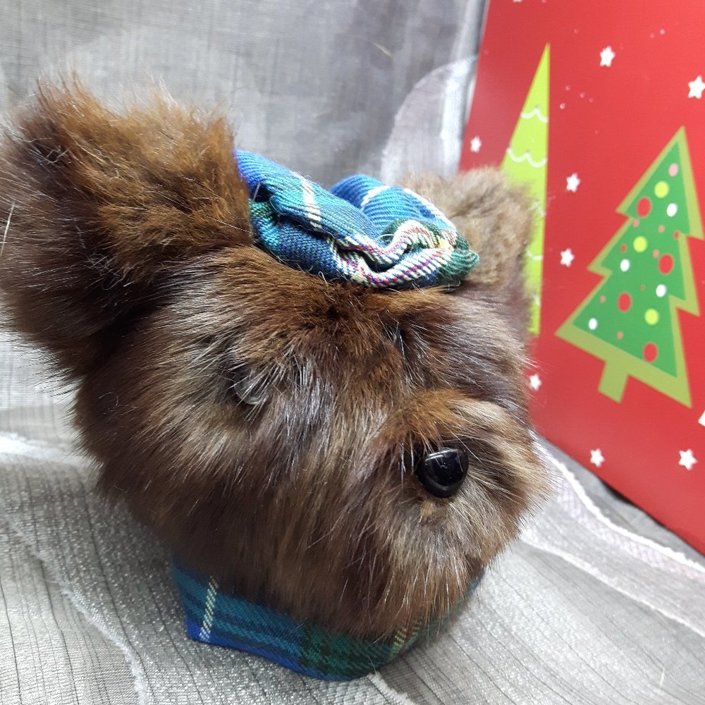 Tartan Teddy Bear Christmas Ornament - Genuine Real Fur - Mink